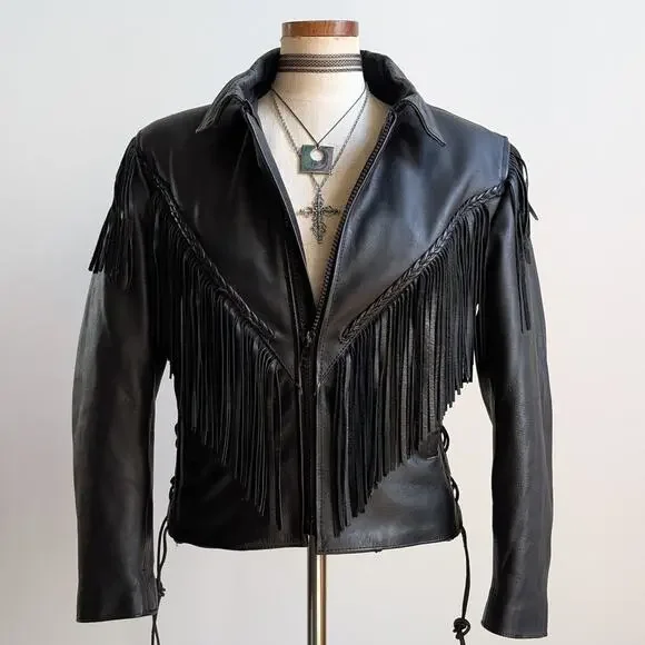 Vintage Black Leather Biker Jacket Fringe Sexy Moto Cowgirl Western Coat Small - Picture 7 of 12